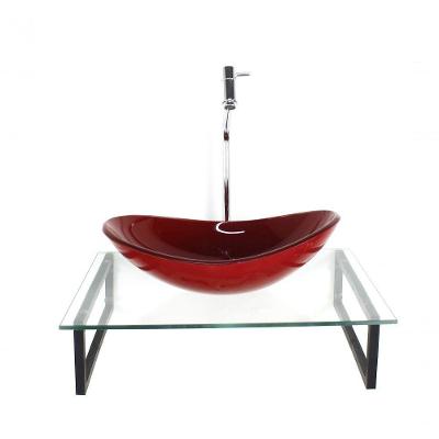 Kit Cuba De Vidro Oval 10mm Vermelho Ferrari Tampo 50cm Incolor Com Suporte Torneira Valvula