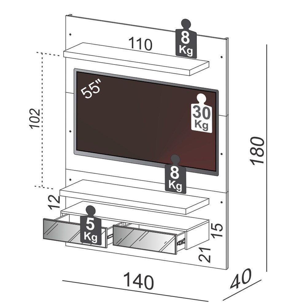 Painel Bancada Suspensa Para Tv Até 55 Pol. Tb106E Com Led 2 Gavetas Off White/Freijó - 2