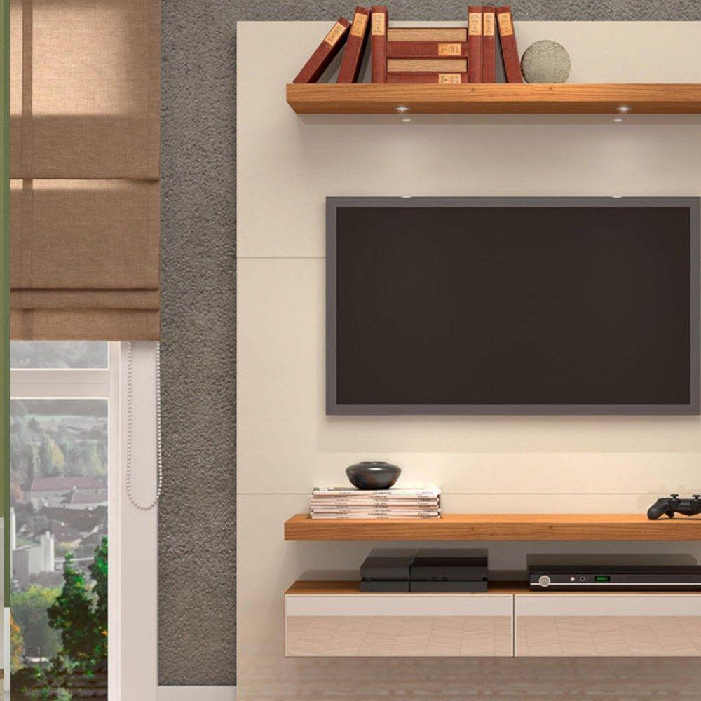 Painel Bancada Suspensa Para Tv Até 55 Pol. Tb106E Com Led 2 Gavetas Off White/Freijó - 4