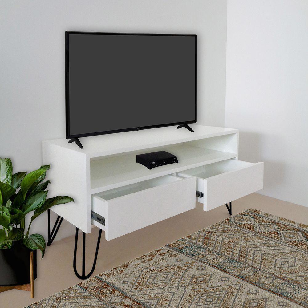 Rack Para Tv Bancada Com Nicho E Gaveta Pés Hairpin Legs Estilo Industrial Branco Laca - 2