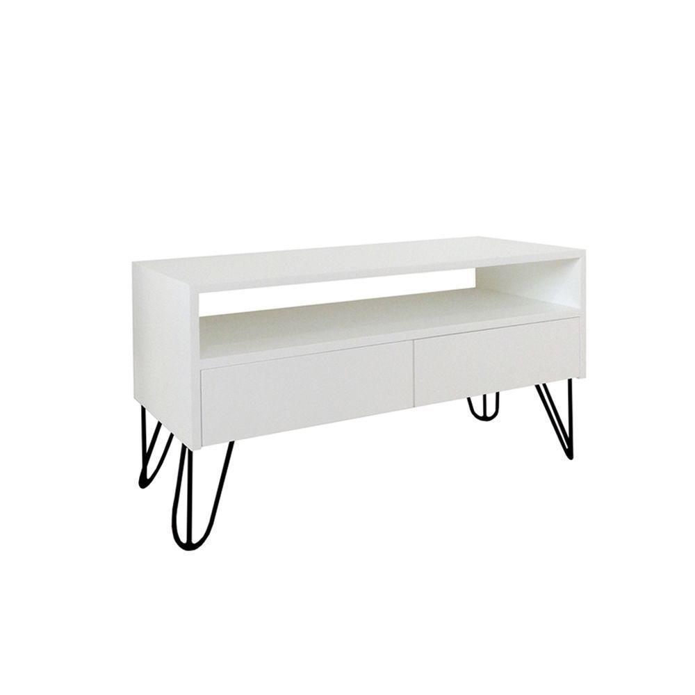 Rack Para Tv Bancada Com Nicho E Gaveta Pés Hairpin Legs Estilo Industrial Branco Laca - 3