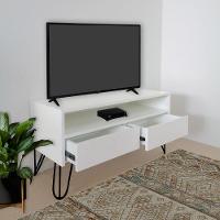 Rack Para Tv Bancada Com Nicho E Gaveta Pés Hairpin Legs Estilo Industrial Branco Laca - 2