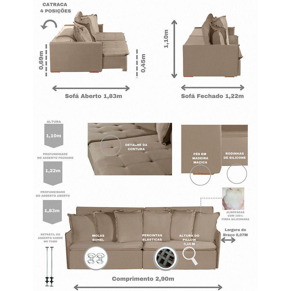 Sofá 6 Lugares 2.90 Mt Com Molas Retrátil E Reclinável Bege - 2