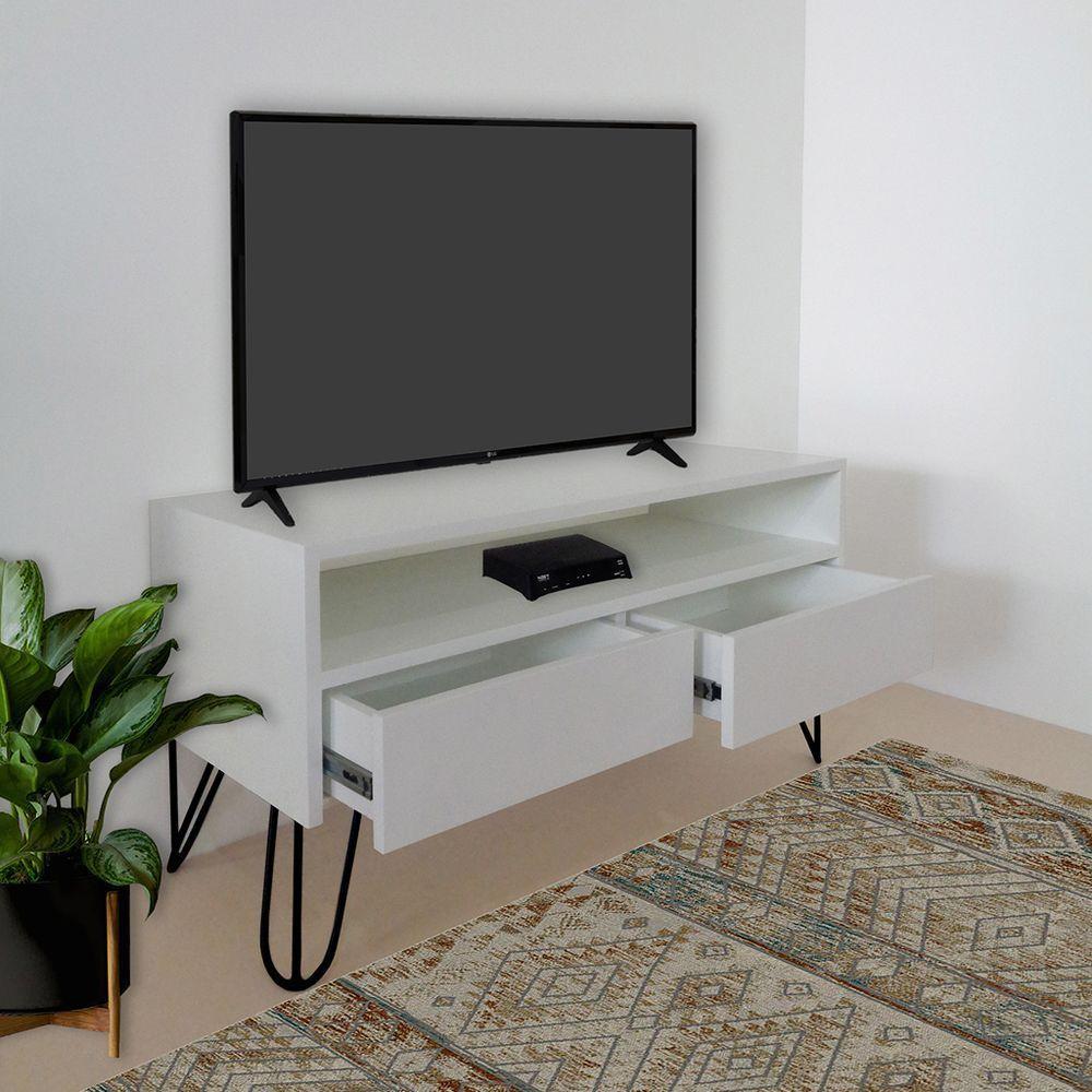 Rack Para Tv Bancada Com Nicho E Gaveta Pés Hairpin Legs Estilo Industrial Off White Laca - 2