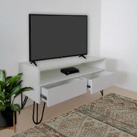 Rack Para Tv Bancada Com Nicho E Gaveta Pés Hairpin Legs Estilo Industrial Off White Laca - 2