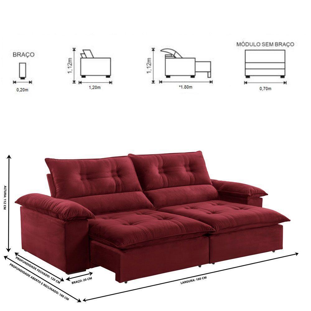 Sofá Retrátil E Reclinável Atenas 1,80m 2 Lugares Bordô - 7