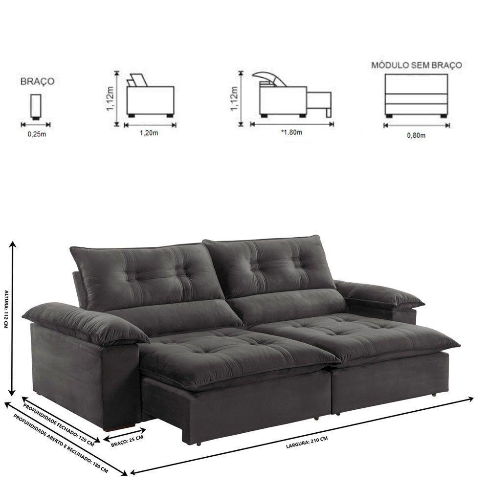 Sofá Retrátil E Reclinável Atenas 2,10m 3 Lugares Cinza - 10