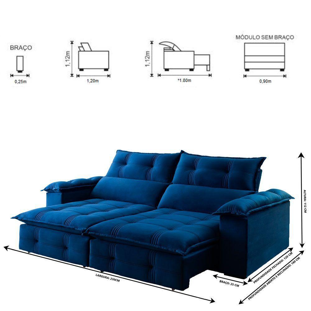 Sofá Retrátil E Reclinável 2,30m 4 Lugares Azul - 7