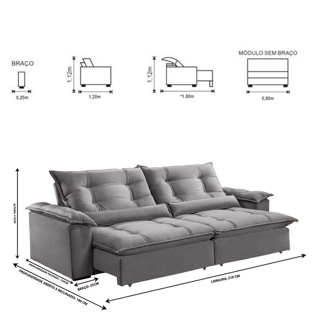 Sofá Retrátil E Reclinável Apolo 2,10m 3 Lugares Prata - 8