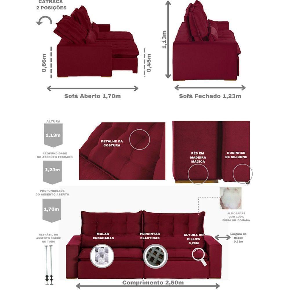Sofá 5 Lugares 2.50 Mt Retrátil E Reclinável Vermelho - 9