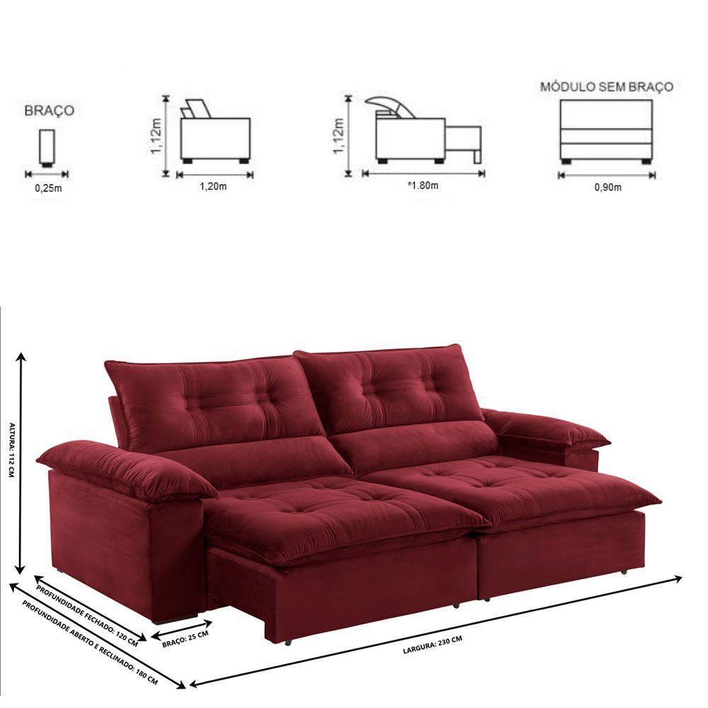 Sofá Retrátil E Reclinável Atenas 2,30m 4 Lugares Bordô - 7