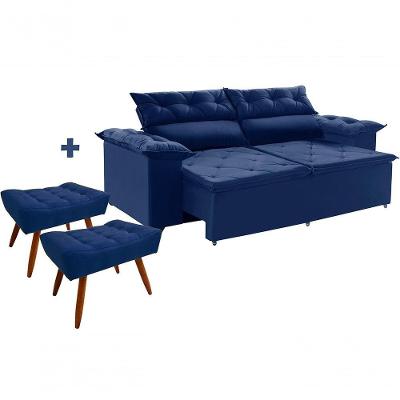 Sofá 200cm Retrátil Molas Espirais Com 2 Puffs Azul