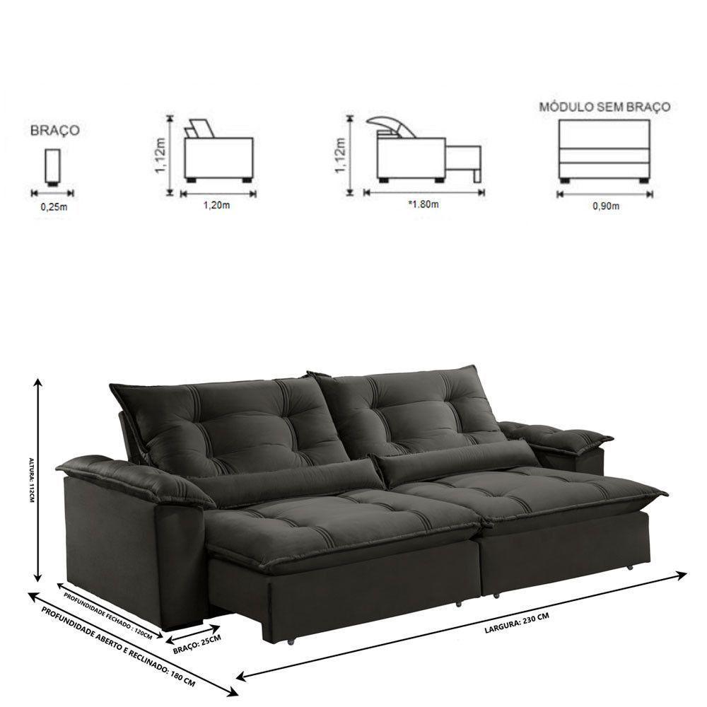 Sofá Retrátil E Reclinável Apolo 2,30m 4 Lugares Cinza - 7