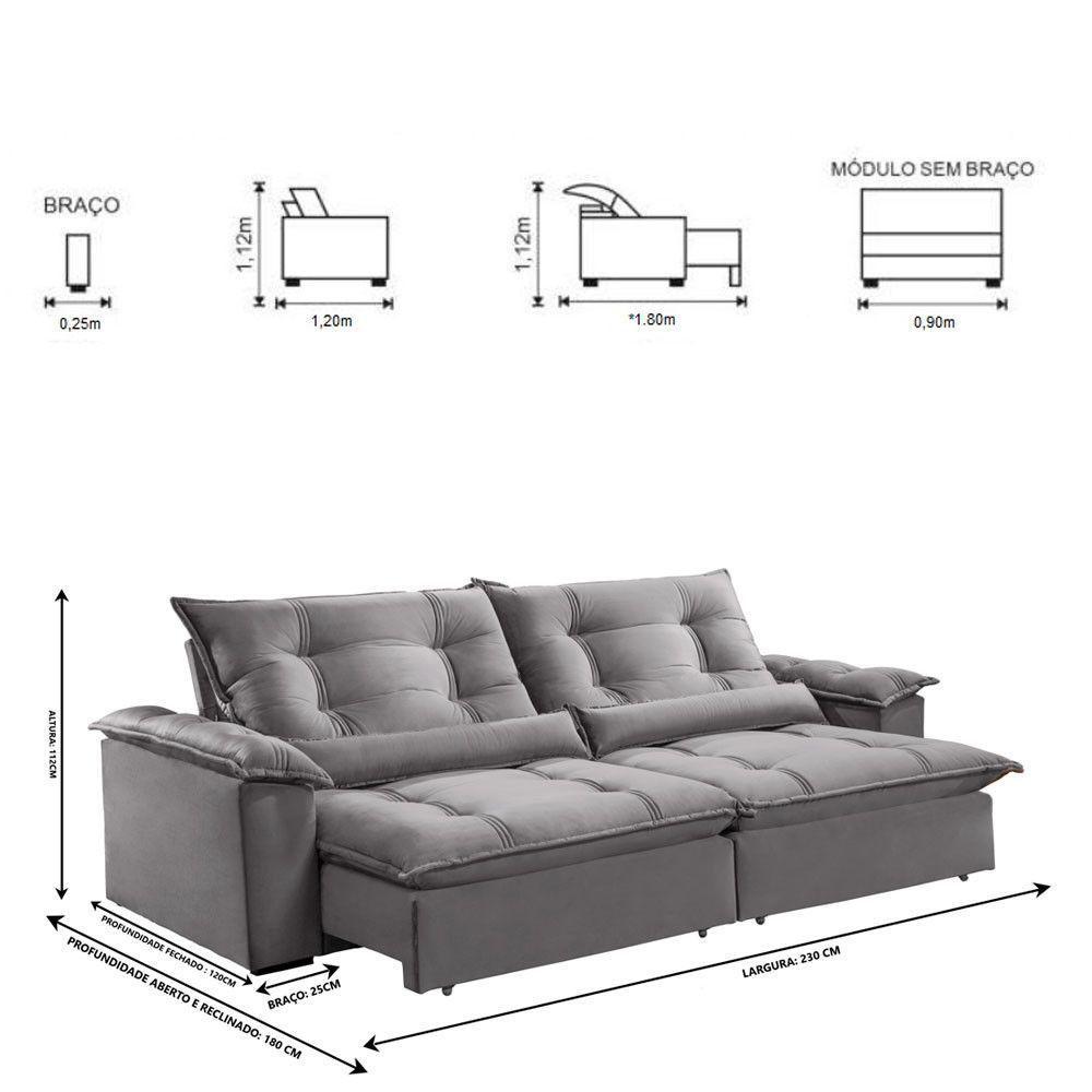 Sofá Retrátil E Reclinável Apolo 2,30m 4 Lugares Prata - 7
