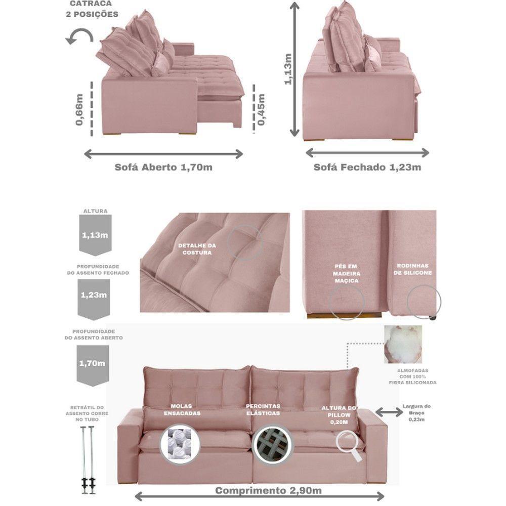 Sofá 6 Lugares 2.90 Mt Retrátil E Reclinável Veludo Rose - 9