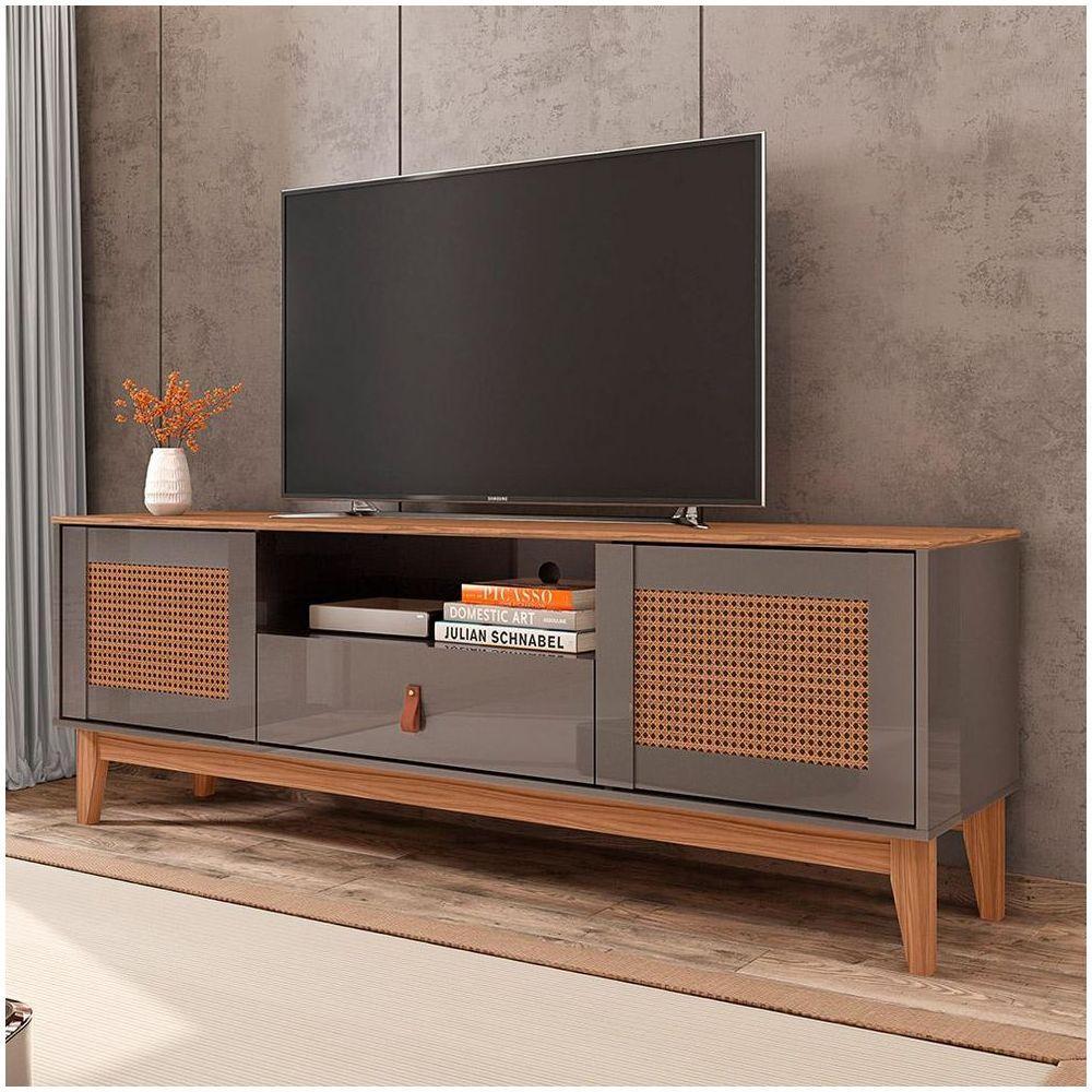 Rack Sala Esmeralda Para Tv Até 60 Polegadas Pés Em Madeira Cinza Perola/noce - 1