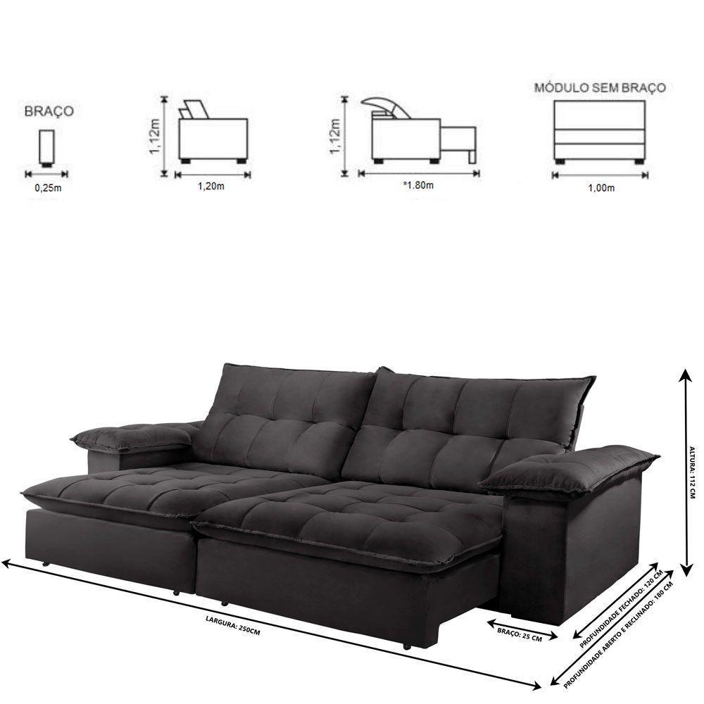 Sofá Retrátil E Reclinável Atlanta 2,50m 4 Lugares Cinza - 7
