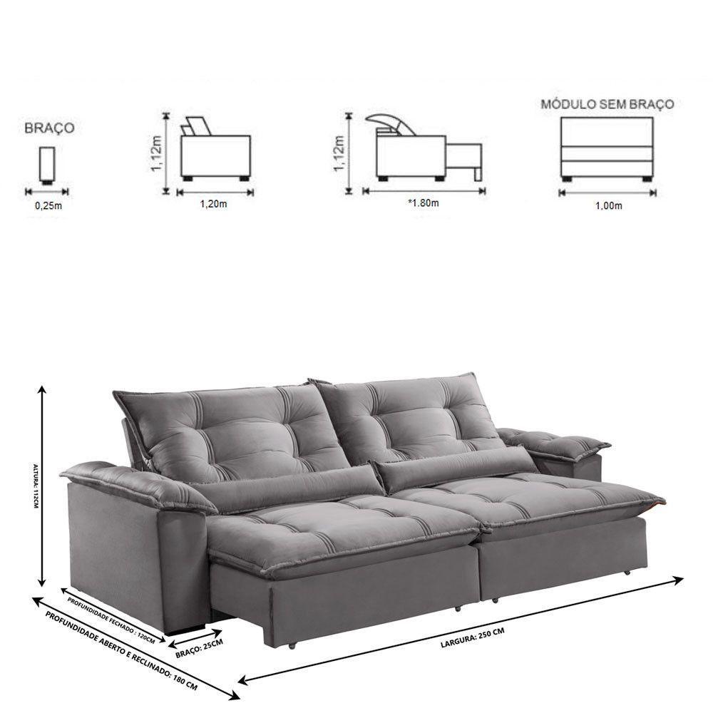 Sofá Retrátil E Reclinável Apolo 2,50m 4 Lugares Prata - 7