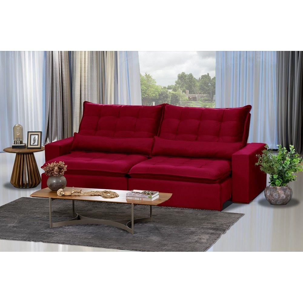 Sofá 6 Lugares 2.90 Mt Retrátil E Reclinável Veludo Vermelho - 1