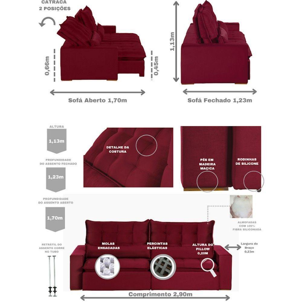 Sofá 6 Lugares 2.90 Mt Retrátil E Reclinável Veludo Vermelho - 9