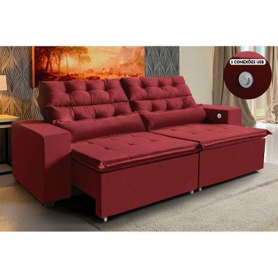 Sofá 4 Lugares Vermelho Retrátil 2,52m 3 Portas Usb