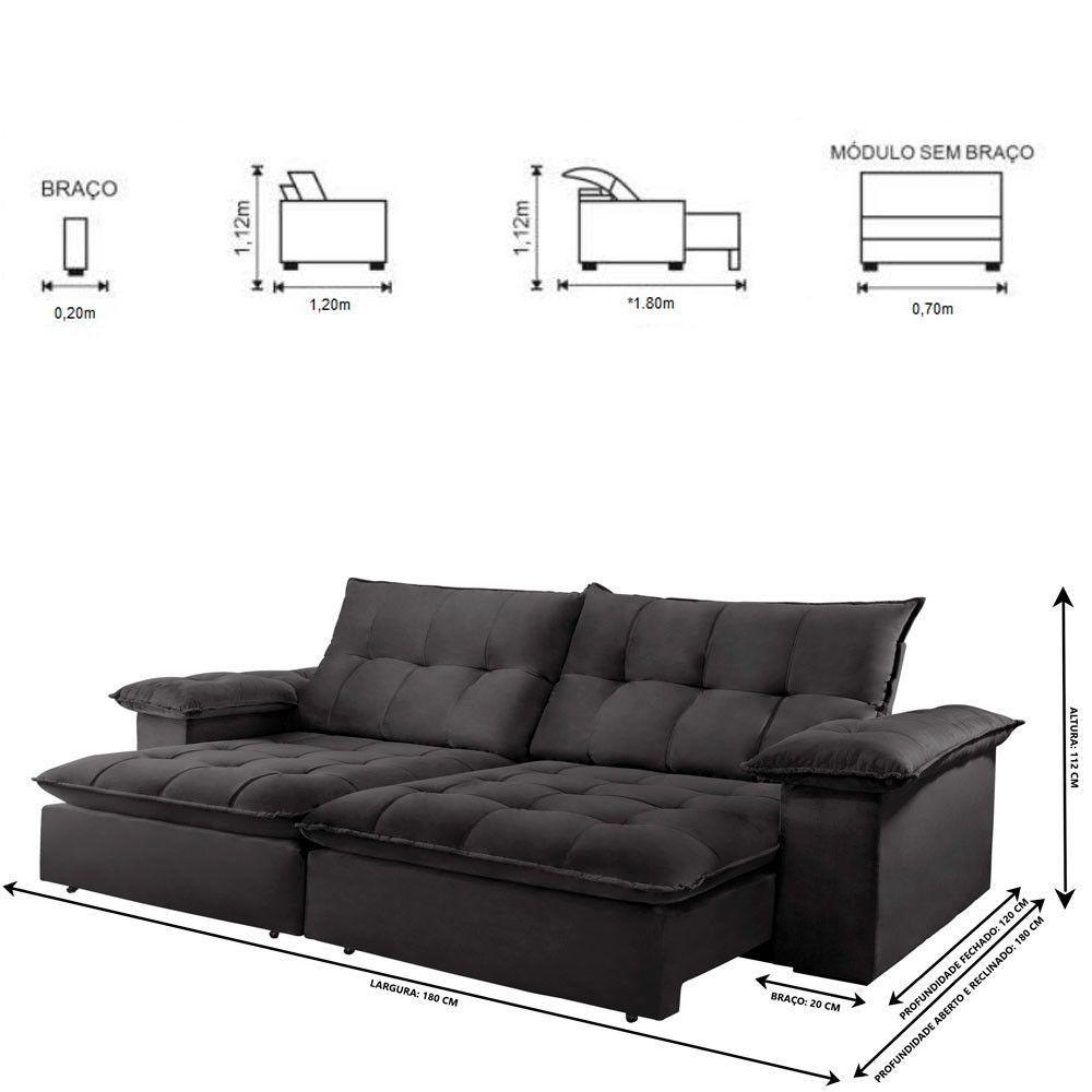 Sofá Retrátil E Reclinável Atlanta 1,80m 02 Lugares Cinza - 7
