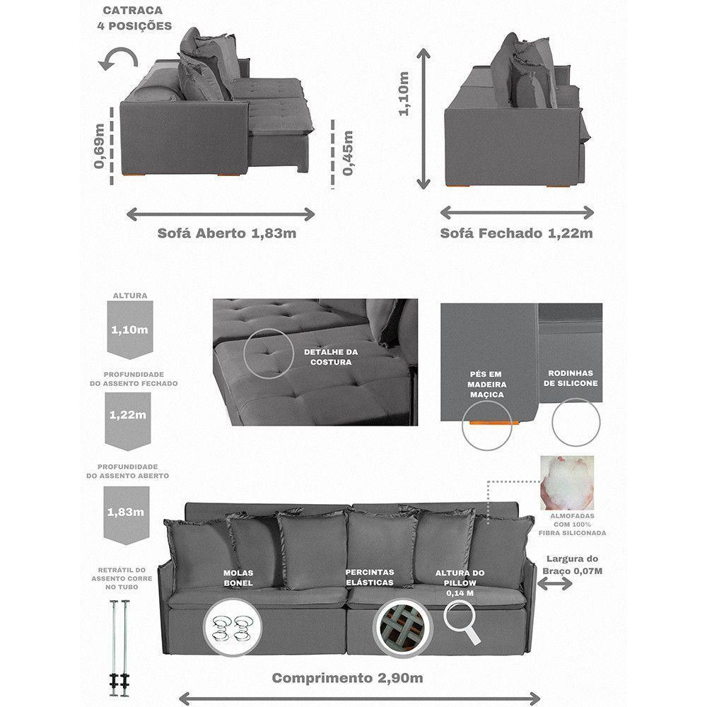 Sofá 6 Lugares 2.90 Mt Com Molas Retrátil E Reclinável Cinza - 2