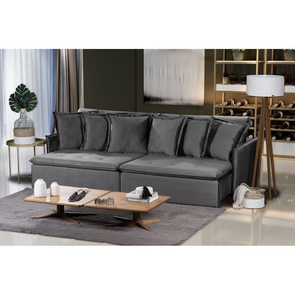 Sofá 5 Lugares 2.90 Mt Com Molas Retrátil E Reclinável Cinza - 1