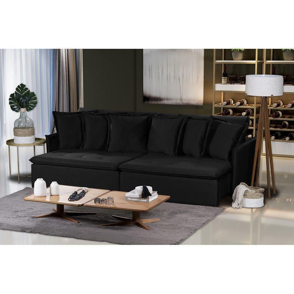 Sofá 5 Lugares 2.90 Mt Com Molas Retrátil E Reclinável Preto - 1