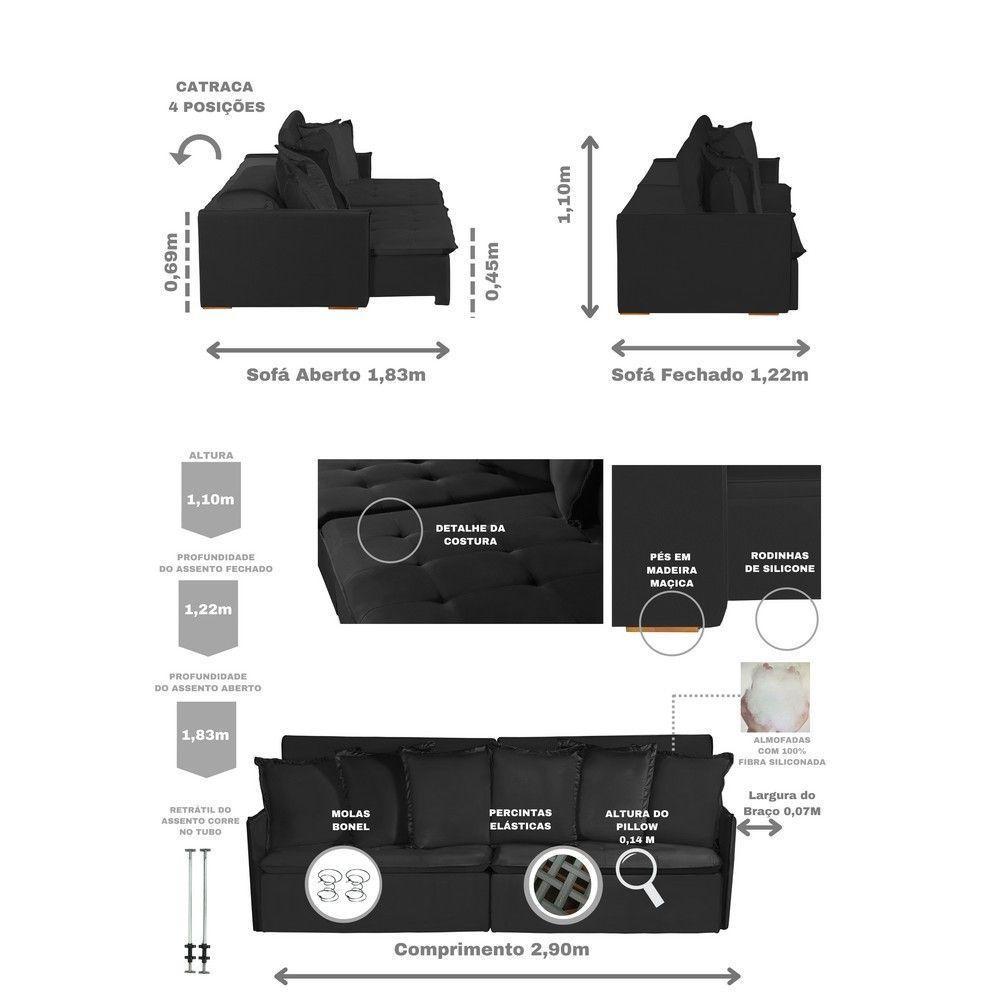 Sofá 5 Lugares 2.90 Mt Com Molas Retrátil E Reclinável Preto - 8