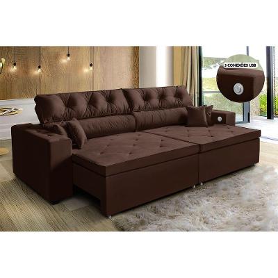 Sofá 5 Lugares 302cm Marrom Retrátil, Tecnologia Usb