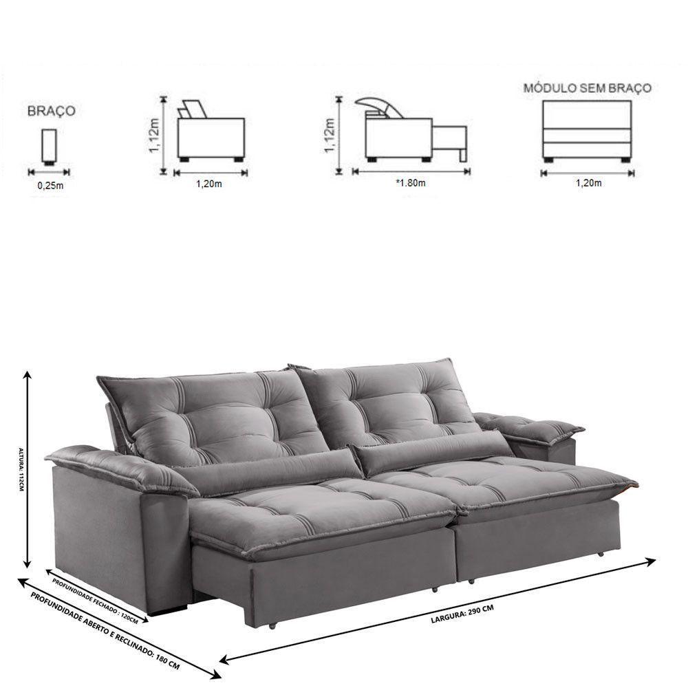 Sofá Retrátil E Reclinável Apolo 2,90m 5 Lugares Prata - 10
