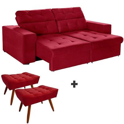 Sofá 4 Lugares 2,70m Retrátil +2 Puffs Pés Palito, Vermelho