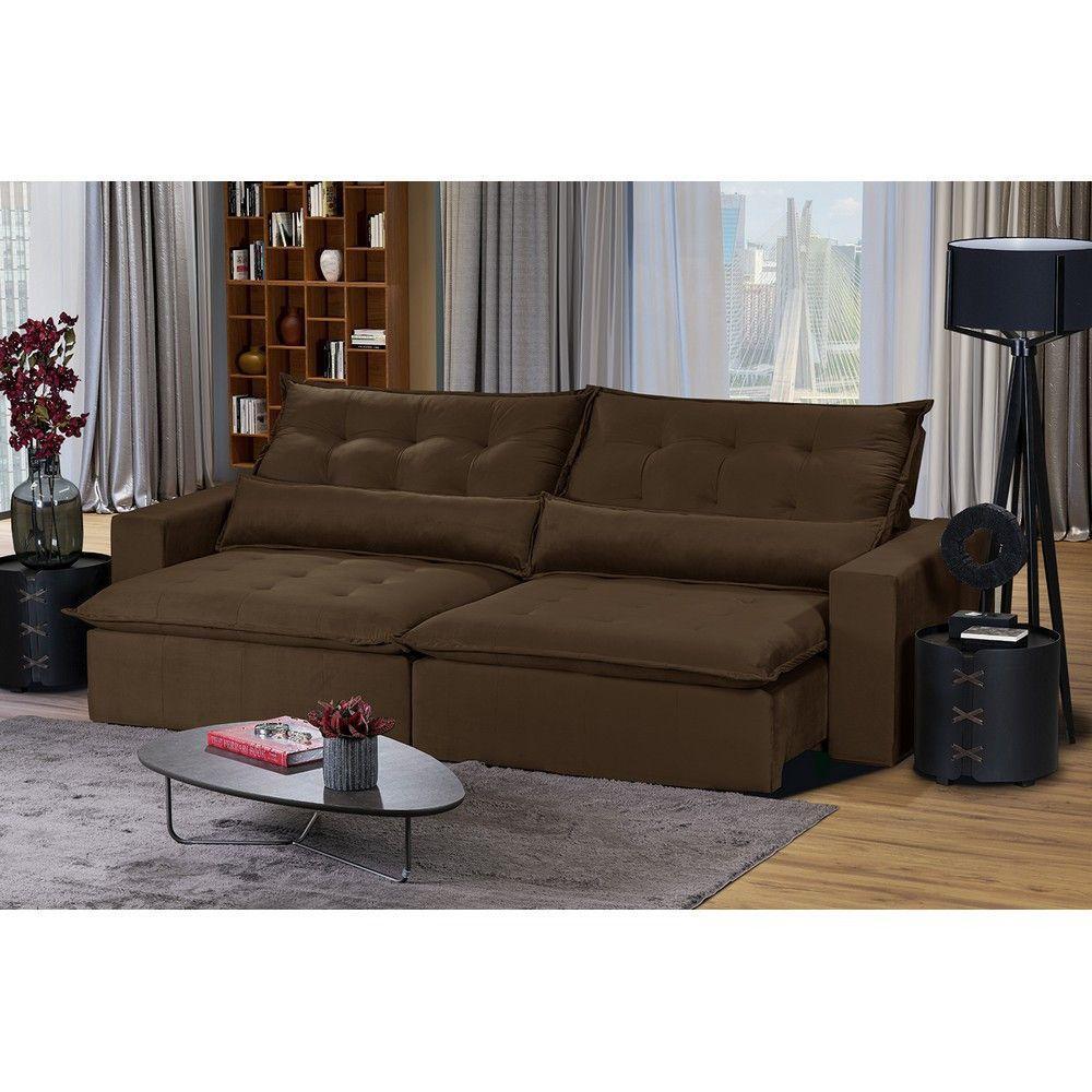 Sofá 6 Lugares 2,90Mt Com Molas Retrátil E Reclinável Marrom - 1