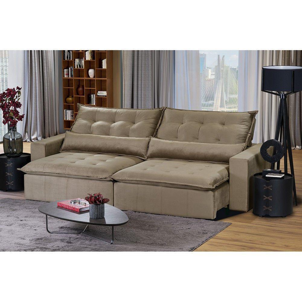 Sofá 5 Lugares 2,50 Mt Com Molas Retrátil E Reclinável Bege - 1