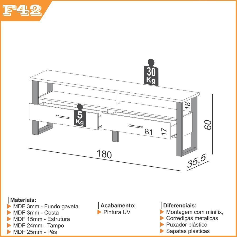 Rack 2 Gavetas Olivy D3 180 Cm Freijó Preto Fosco - 2