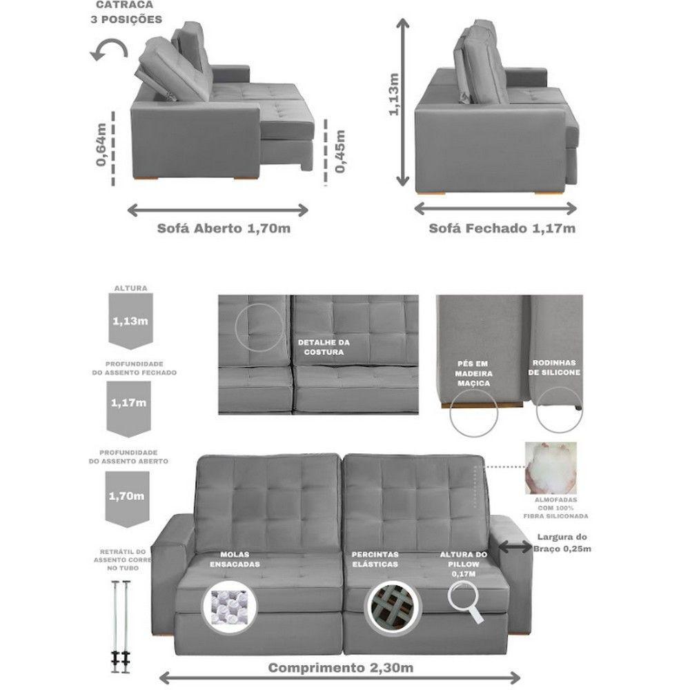 Sofá 3 Lugares 2.30 Mt Retrátil Reclinável Cinza - 9