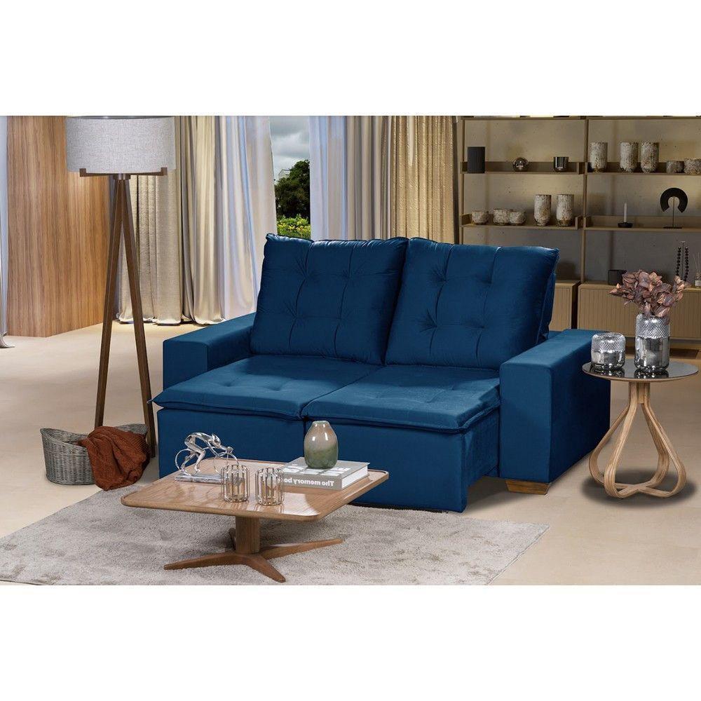 Sofá 3 Lugares 1.90 Mt Com Molas Retrátil E Reclinável Azul - 1