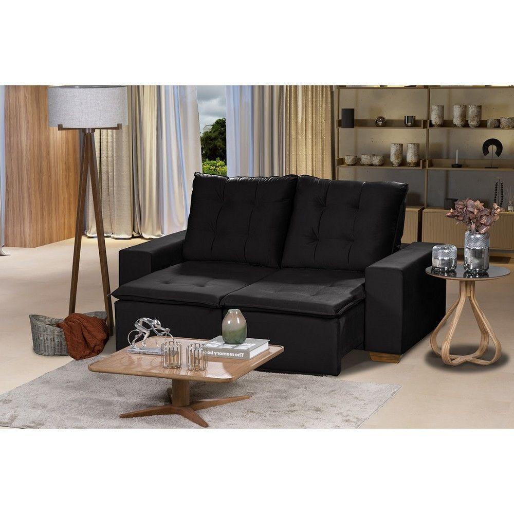 Sofá 3 Lugares 1.90 Mt Com Molas Retrátil E Reclinável Preto - 1