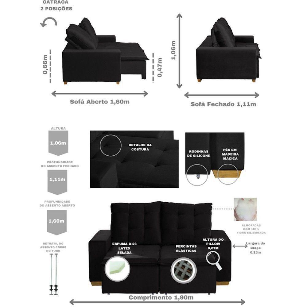 Sofá 3 Lugares 1.90 Mt Com Molas Retrátil E Reclinável Preto - 9