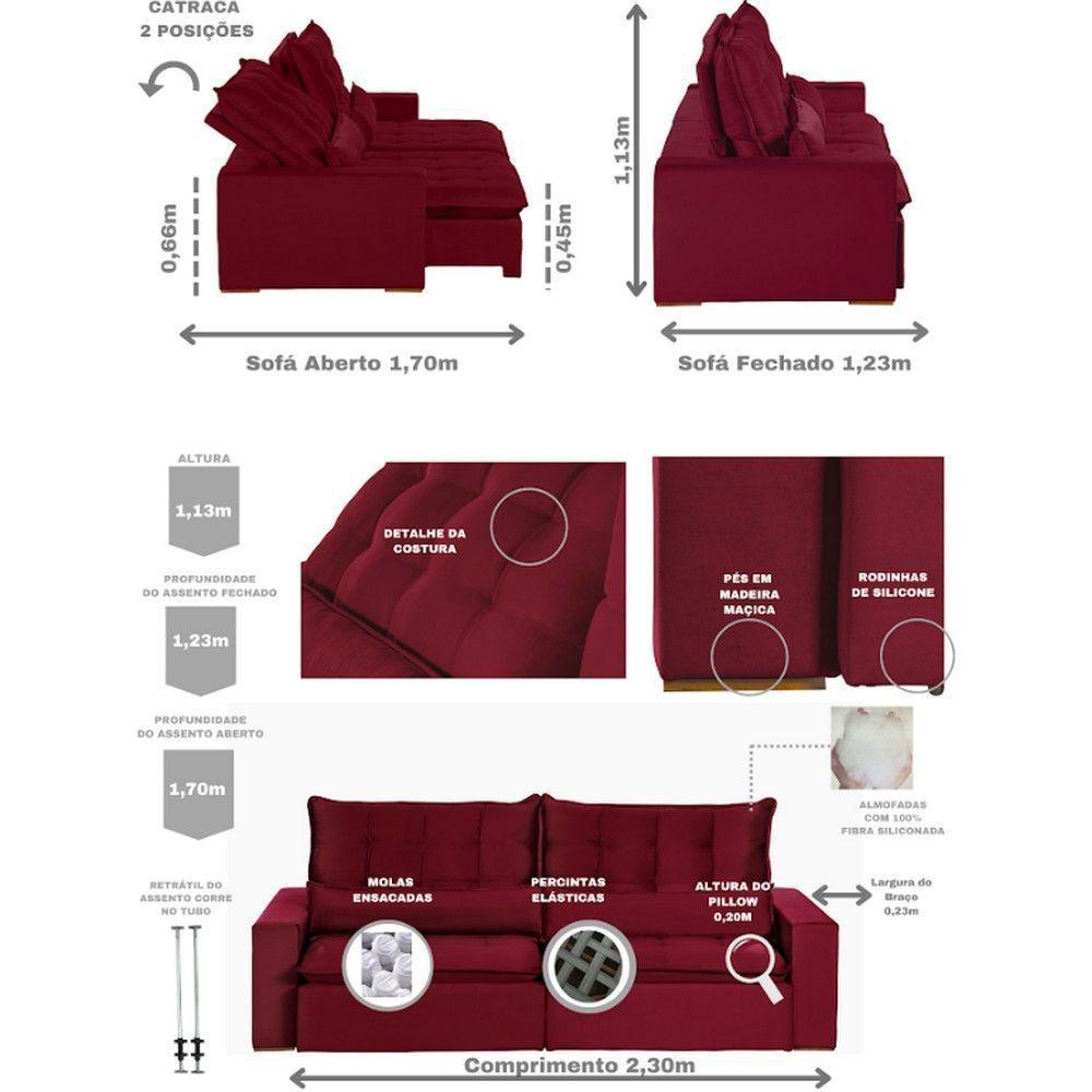 Sofá 4 Lugares 2.30 Mt Retrátil E Reclinável Vermelho - 9