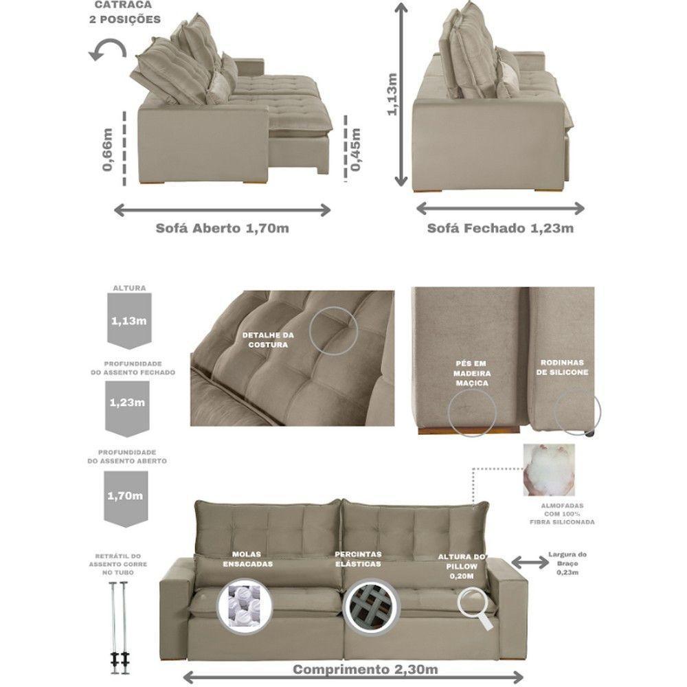 Sofá 4 Lugares 2.30 Mt Retrátil E Reclinável Sofatec Bege - 11
