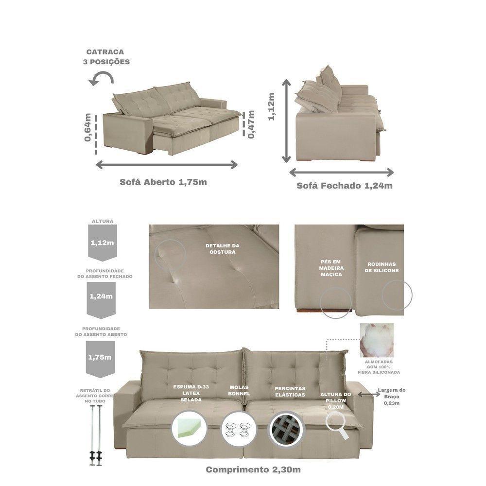 Sofá 4 Lugares 2,30 Mt Com Molas Retrátil E Reclinável Bege - 9