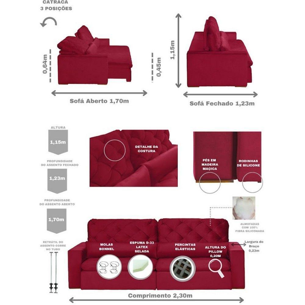 Sofá 4 Lugares 2.30 Mt Retrátil E Reclinável Vermelho - 9
