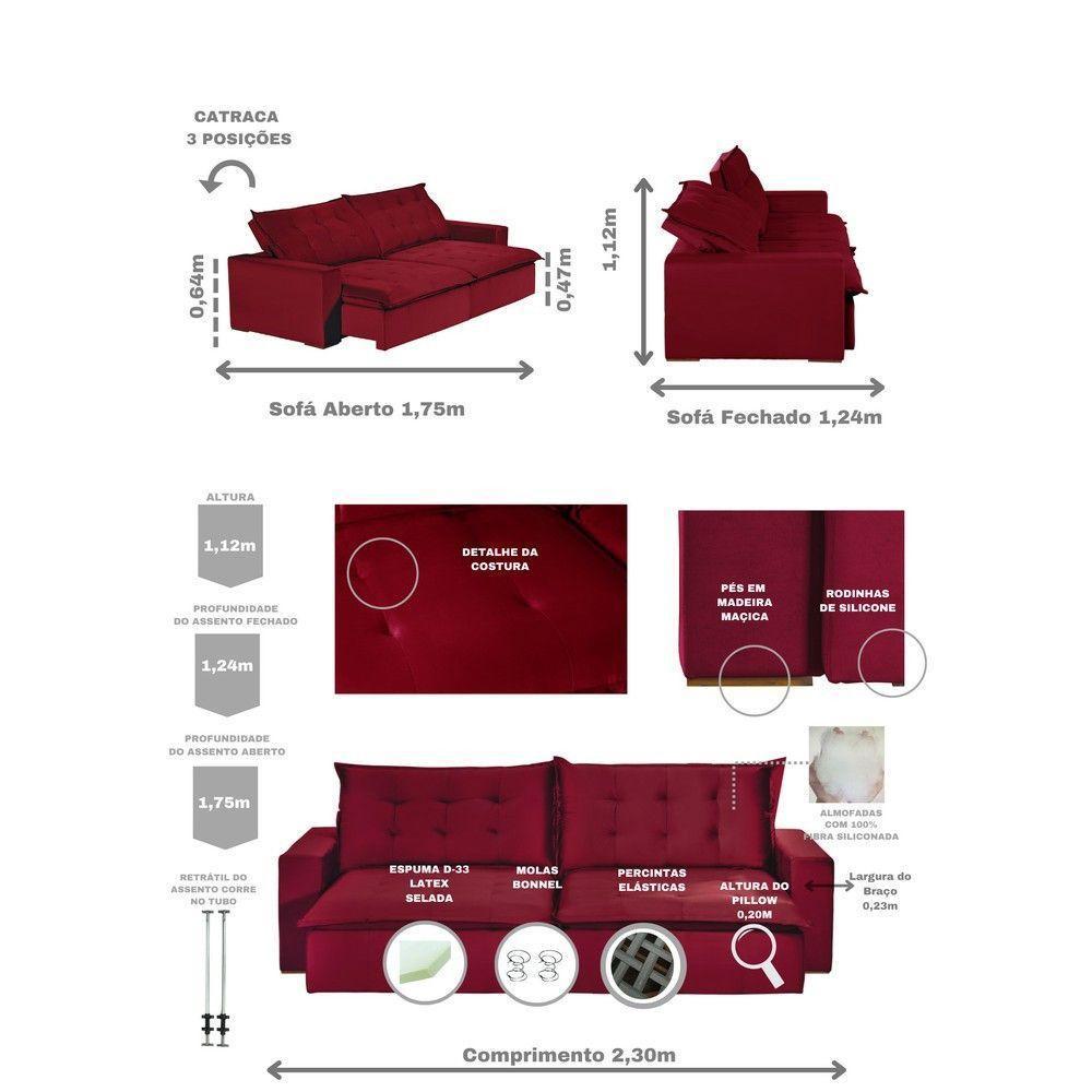 Sofá 4 Lugares Com Molas Retrátil E Reclinável Vermelho - 10