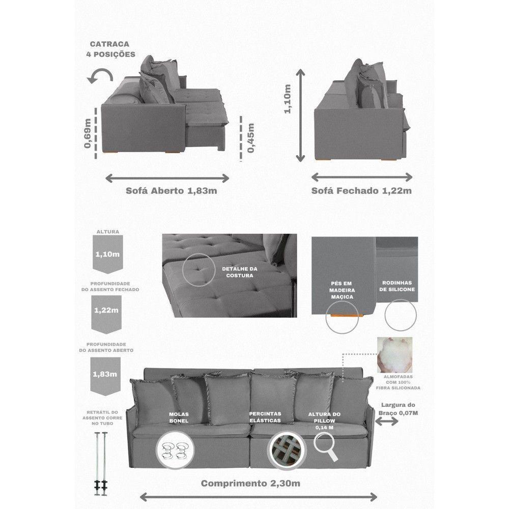Sofá 4 Lugares 2.30 Mt Com Molas Retrátil Reclinável Cinza - 9