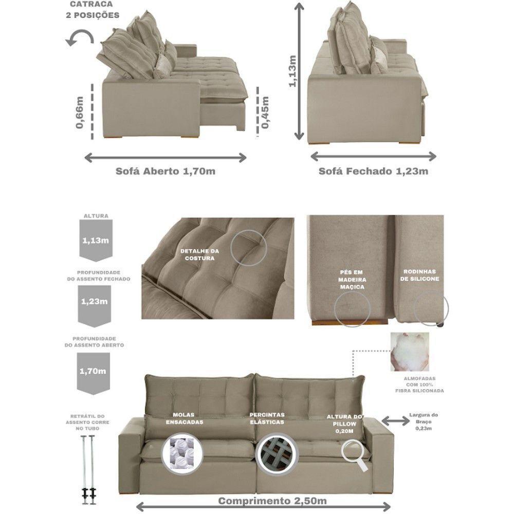 Sofá 5 Lugares 2.50 Mt Retrátil E Reclinável Sofatec Bege - 9