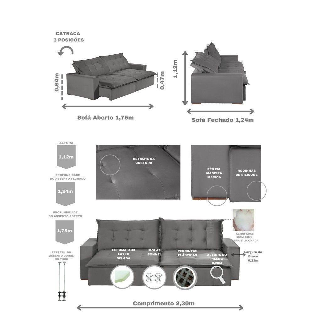 Sofá 4 Lugares 2,30 Mt Com Molas Retrátil E Reclinável Cinza - 9