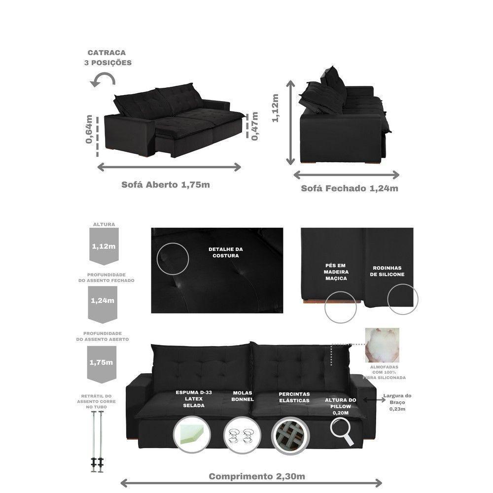 Sofá 4 Lugares 2,30 Mt Com Molas Retrátil E Reclinável Preto - 9