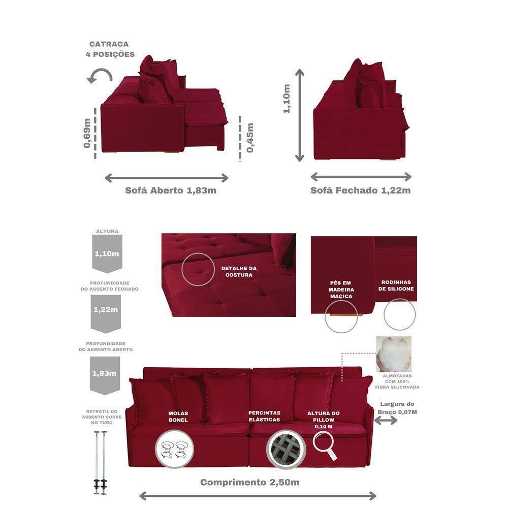 Sofá 5 Lugares Com Molas Retrátil E Reclinável Vermelho - 9